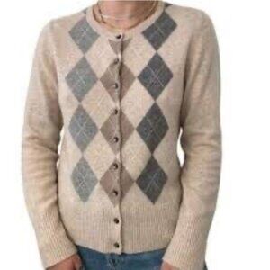 APT. 9 Argyle Cashmere Cardigan Sweater Cream Women Size M Preppy Academia